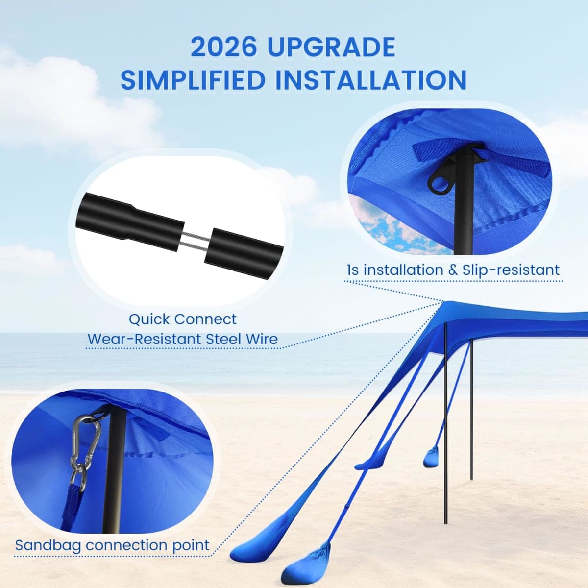 besuhot Beach Tent Sun Shelter 10x10FT Beach Shade Canopy with 8 Sandbags, UPF 50+ Protection Beach Shade Canopy, Outdoor Tent for Beach Camping Trips, Fishing, Backyard thumbnail 3