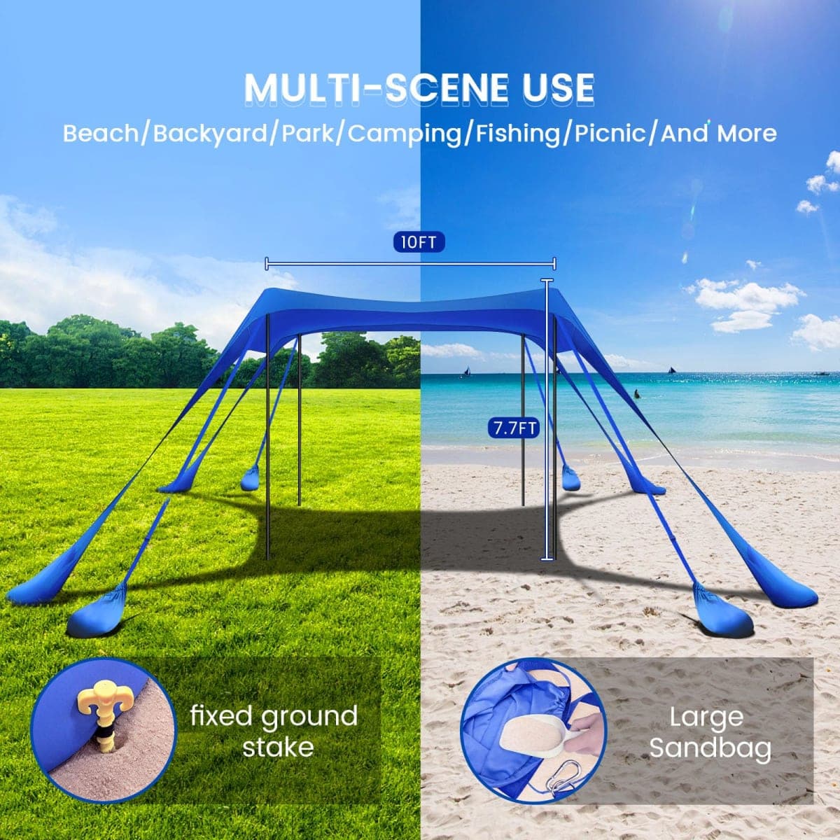 besuhot Beach Tent Sun Shelter 10x10FT Beach Shade Canopy with 8 Sandbags, UPF 50+ Protection Beach Shade Canopy, Outdoor Tent for Beach Camping Trips, Fishing, Backyard thumbnail 5