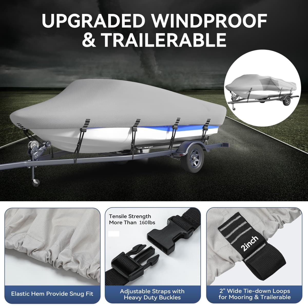 5-ply 1200D Heavy Duty Boat Cover for 14-16ft V-Hull Tri-Hull Bass Boats thumbnail 4
