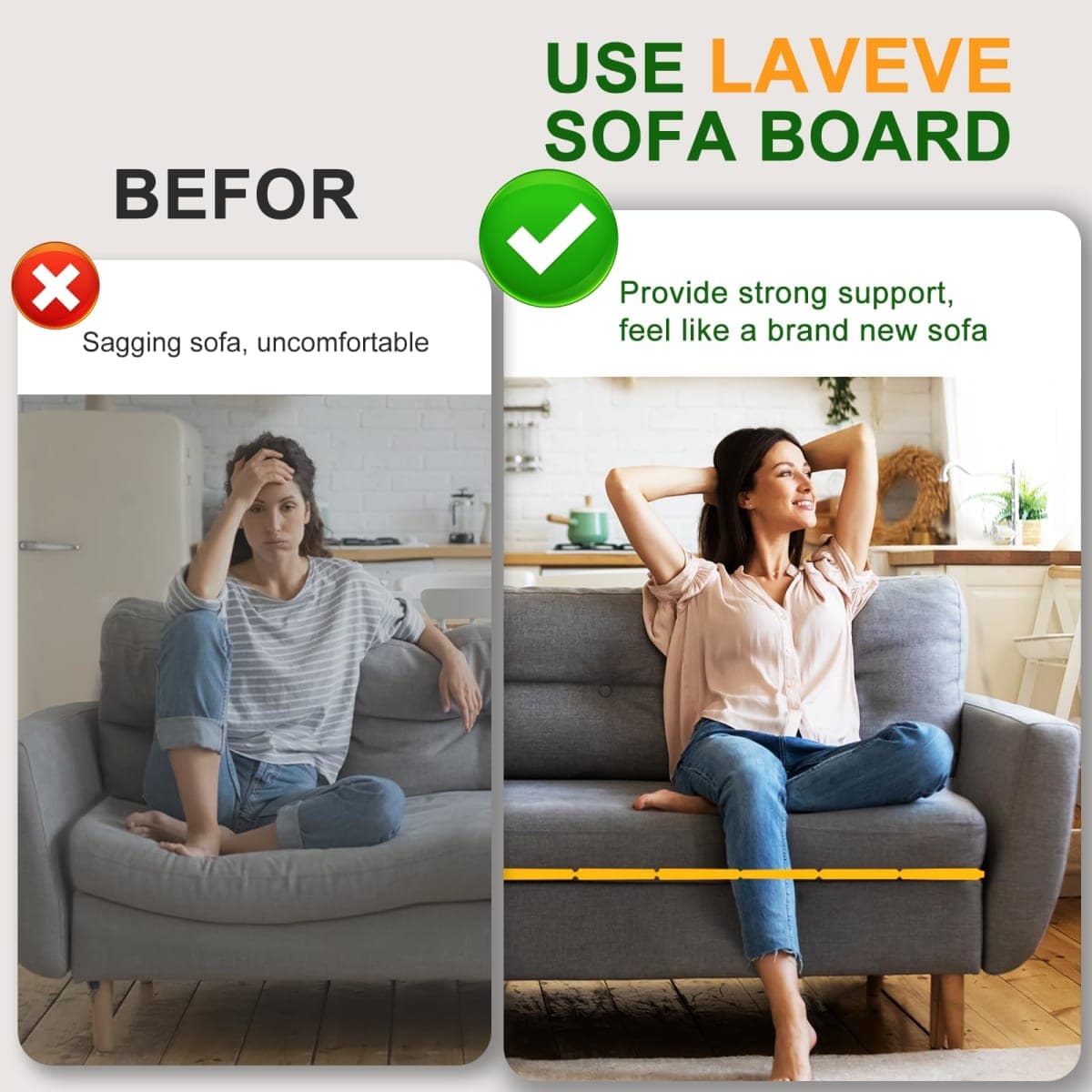 LAVEVE Heavy Duty Couch Cushion Support Board for Sagging Sofa, 24''x72'' Extra Thick Solid Wood Under Couch Insert with Anti-Slip Dots, Repair Sagging Spring Sofa and Replace Worn Cushions thumbnail 3