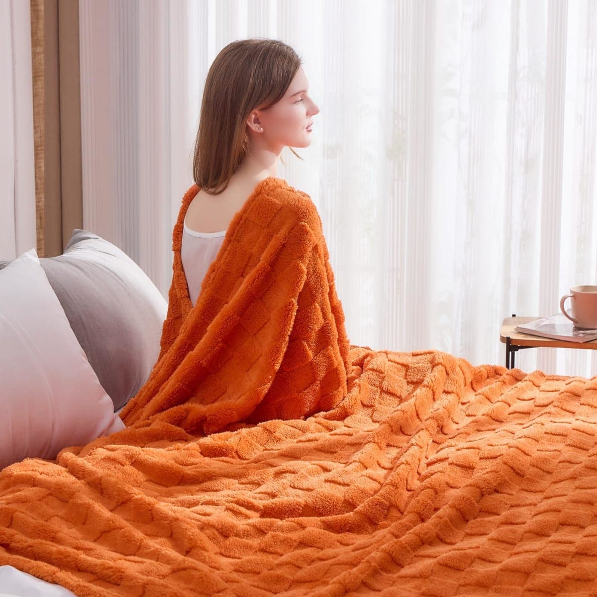 NEWCOSPLAY 3D Checkered Flannel Queen Blanket, Orange Checkered, 90"x90" thumbnail 3