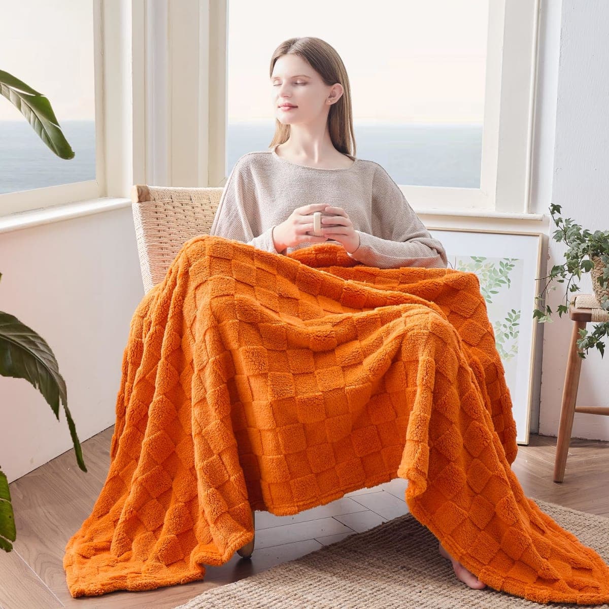 NEWCOSPLAY 3D Checkered Flannel Queen Blanket, Orange Checkered, 90"x90" thumbnail 4