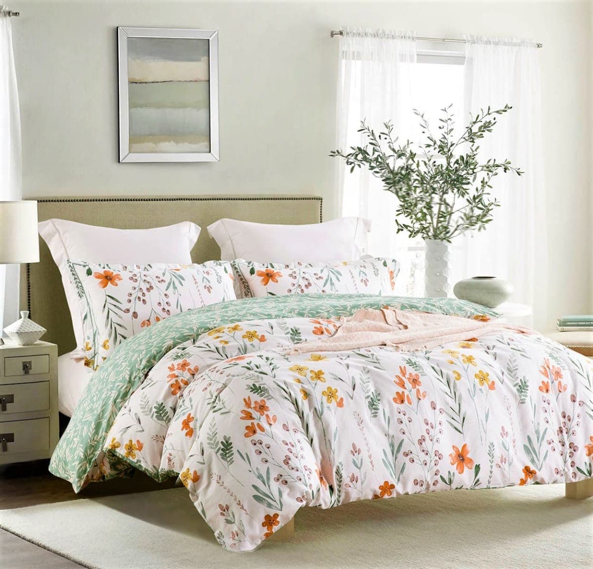 SLEEPBELLA King Size Comforter Set Yellow Flowers & Green Botanical Pattern Printed on White 100% Cotton Fabric, Ultra Soft Microfiber Inner Fill 3Pcs Bedding Set thumbnail 2