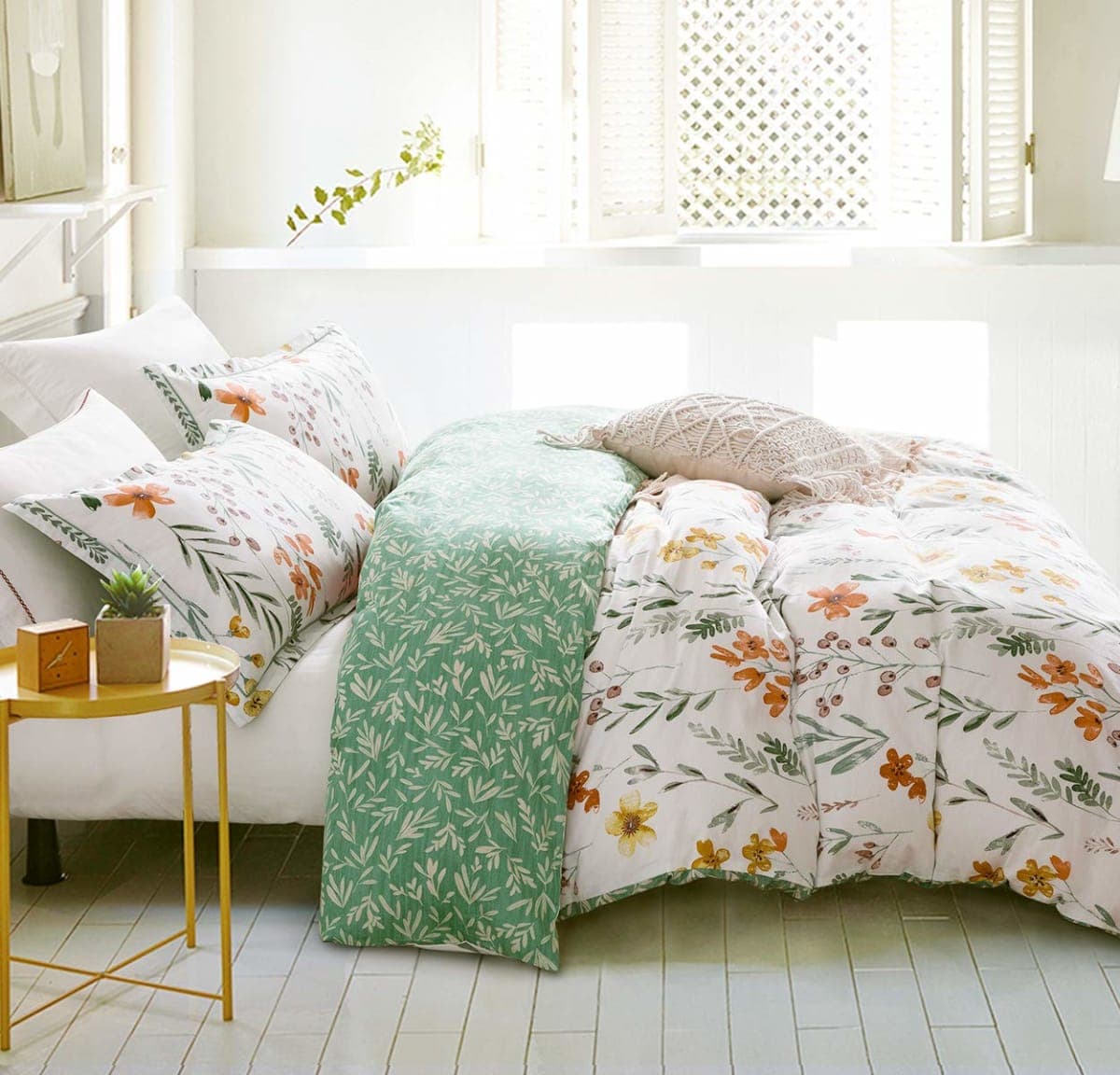 SLEEPBELLA King Size Comforter Set Yellow Flowers & Green Botanical Pattern Printed on White 100% Cotton Fabric, Ultra Soft Microfiber Inner Fill 3Pcs Bedding Set thumbnail 3