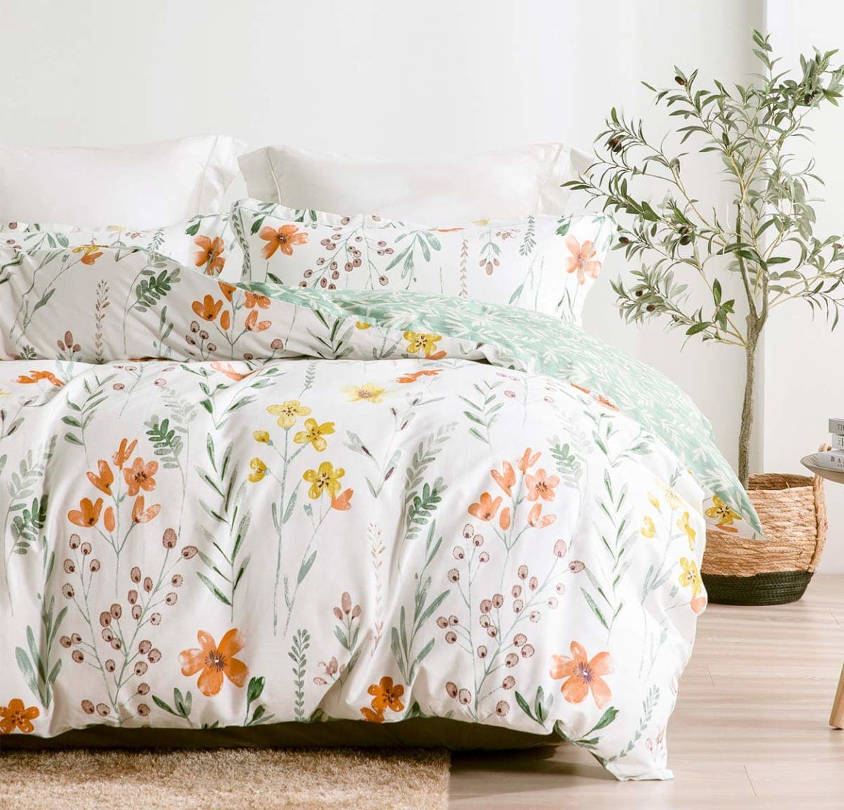 SLEEPBELLA King Size Comforter Set Yellow Flowers & Green Botanical Pattern Printed on White 100% Cotton Fabric, Ultra Soft Microfiber Inner Fill 3Pcs Bedding Set thumbnail 4