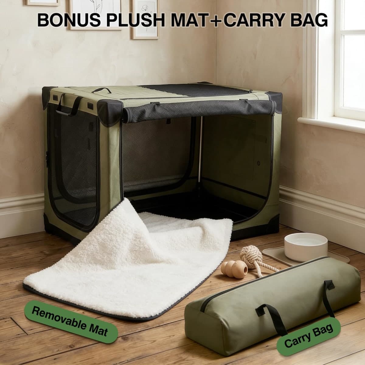 Veraste 30 x 21 x 21 in 4-Door Collapsible Soft-Sided Mesh Dog Crate, Green thumbnail 4