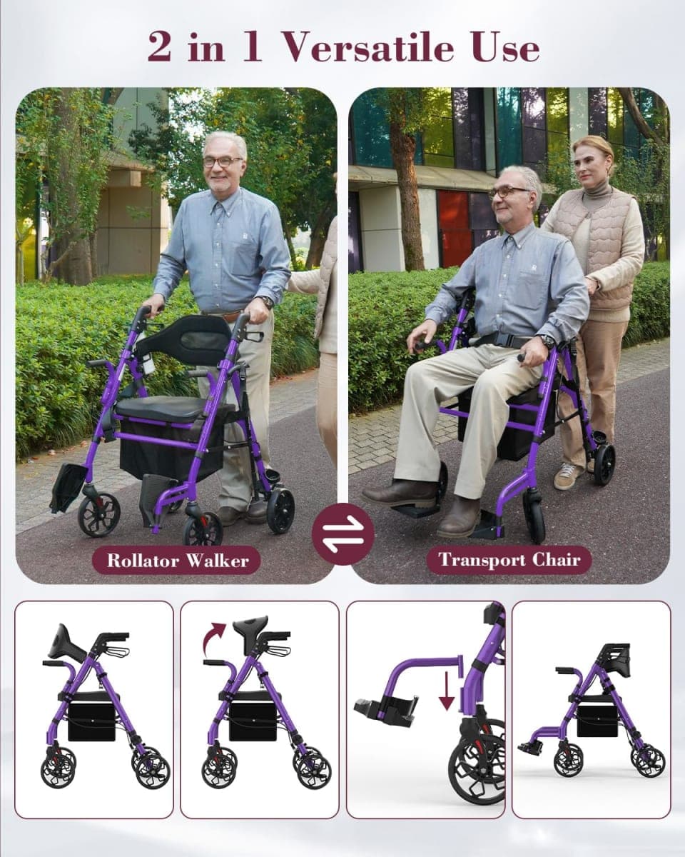 FVZZIN Walkers for Seniors with Seat, 2 in 1 Walker & Transport Chair thumbnail 2