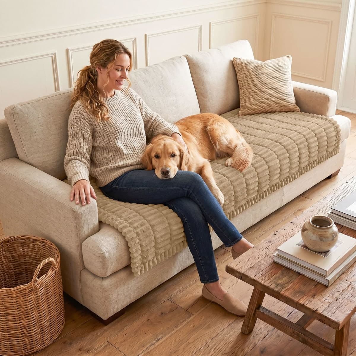 hyha Couch Covers for Dogs Washable, Non Slip Plush Dog Sofa Protectors, Fuzzy Pet Couch Covers for 3 Cushion Sofa Pet Friendly (Khaki, 35.4" x 88") thumbnail 2