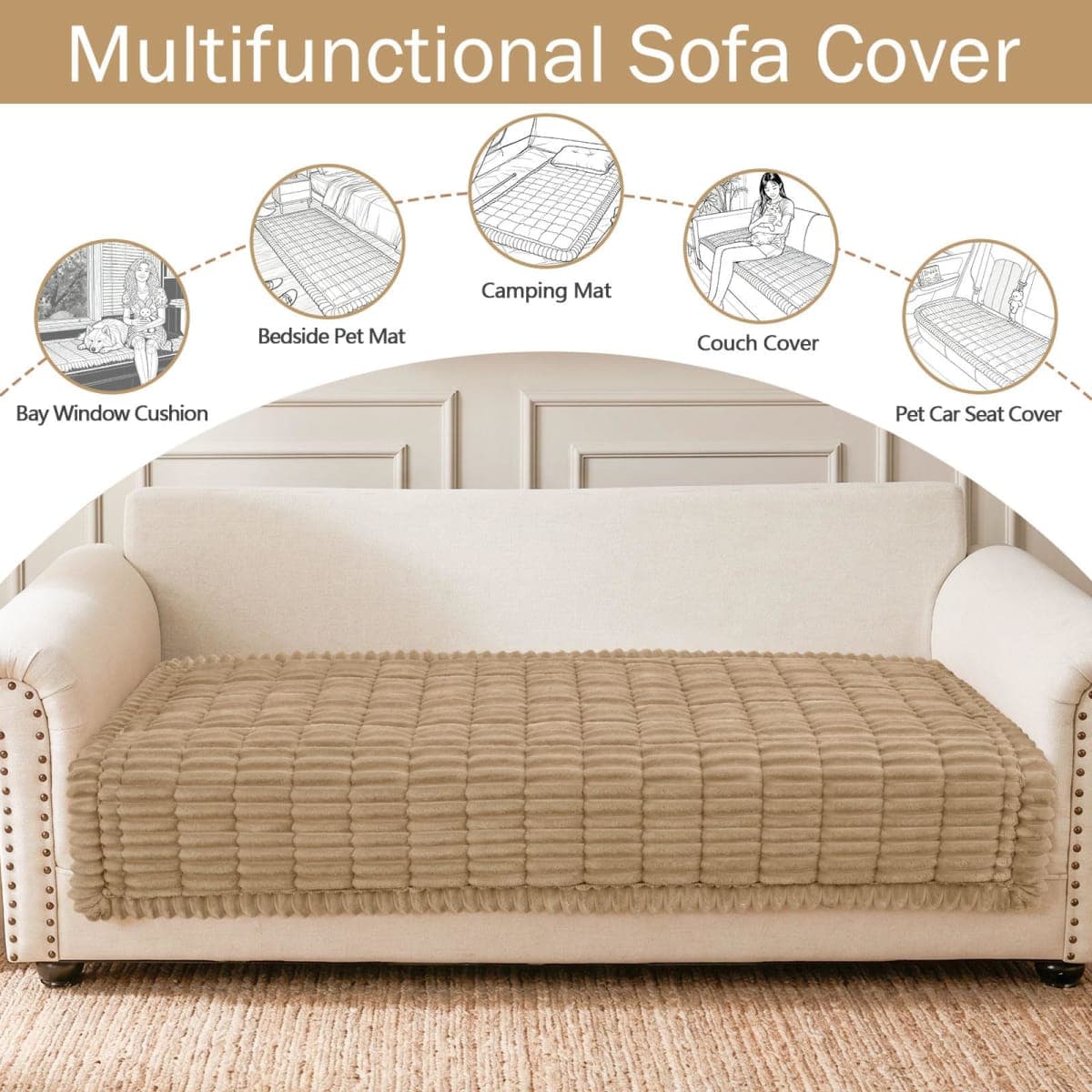 hyha Couch Covers for Dogs Washable, Non Slip Plush Dog Sofa Protectors, Fuzzy Pet Couch Covers for 3 Cushion Sofa Pet Friendly (Khaki, 35.4" x 88") thumbnail 3
