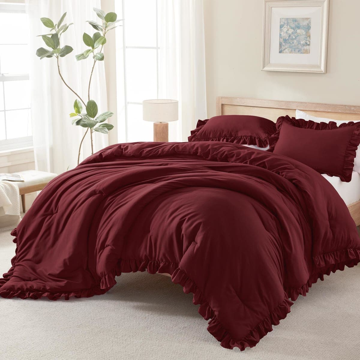 Andency Burgundy Comforter Set Queen Size, 3 Pieces Shabby Chic Ruffle Bedding Comforter Sets for Queen Bed, Lightweight Fluffy Soft Microfiber Farmhouse Comforter Set (1 Comforter & 2 Pillowcases) — image 1