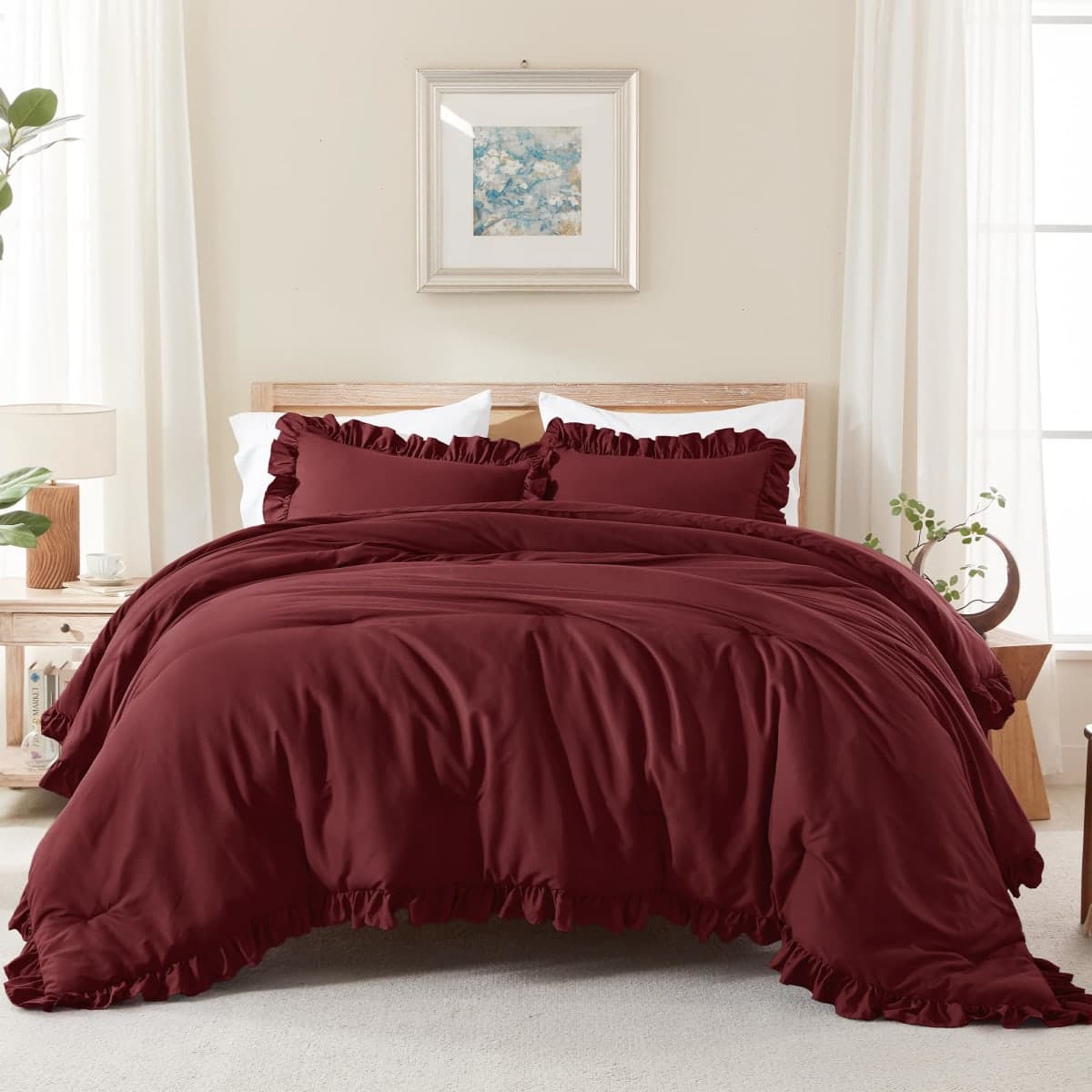 Andency Burgundy Comforter Set Queen Size, 3 Pieces Shabby Chic Ruffle Bedding Comforter Sets for Queen Bed, Lightweight Fluffy Soft Microfiber Farmhouse Comforter Set (1 Comforter & 2 Pillowcases) thumbnail 2