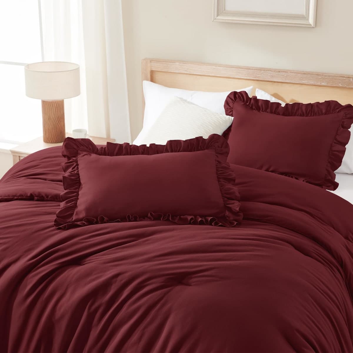 Andency Burgundy Comforter Set Queen Size, 3 Pieces Shabby Chic Ruffle Bedding Comforter Sets for Queen Bed, Lightweight Fluffy Soft Microfiber Farmhouse Comforter Set (1 Comforter & 2 Pillowcases) thumbnail 3