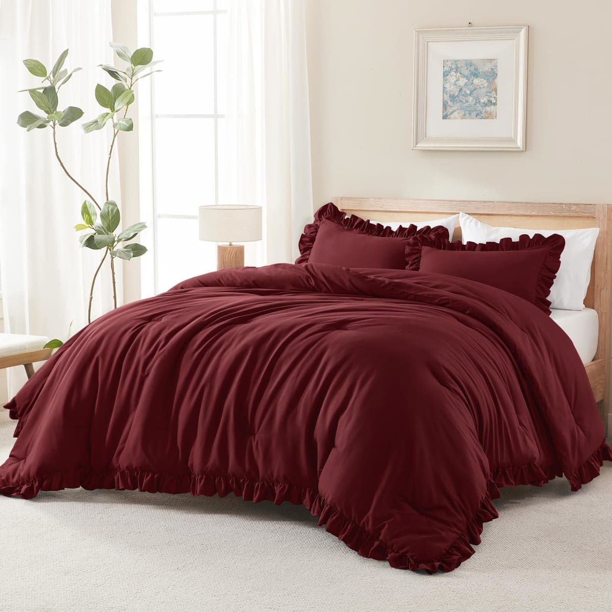 Andency Burgundy Comforter Set Queen Size, 3 Pieces Shabby Chic Ruffle Bedding Comforter Sets for Queen Bed, Lightweight Fluffy Soft Microfiber Farmhouse Comforter Set (1 Comforter & 2 Pillowcases) thumbnail 4