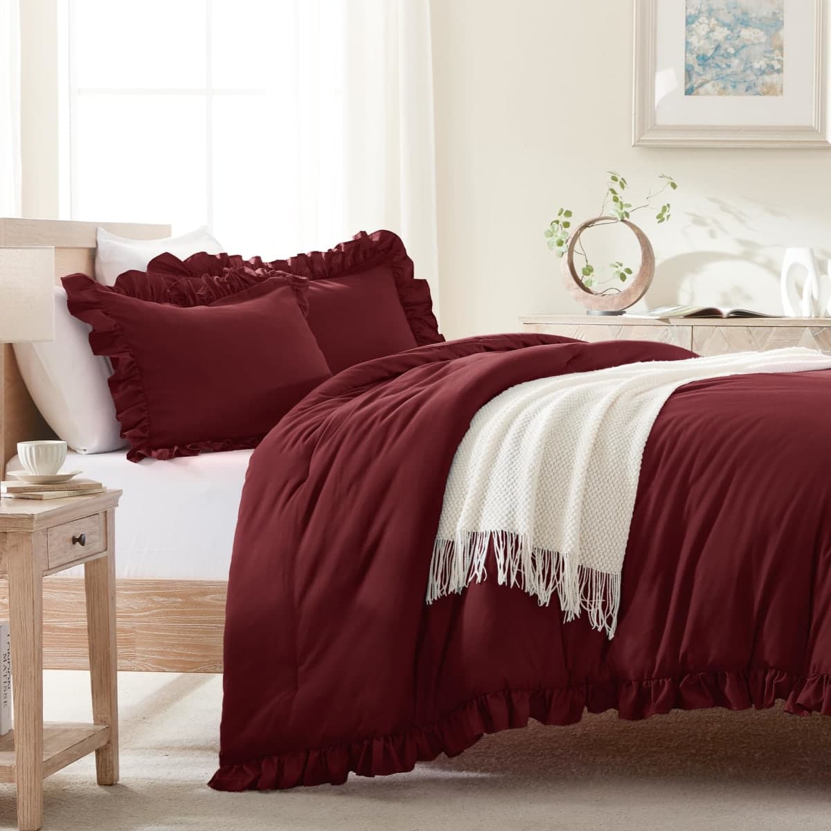 Andency Burgundy Comforter Set Queen Size, 3 Pieces Shabby Chic Ruffle Bedding Comforter Sets for Queen Bed, Lightweight Fluffy Soft Microfiber Farmhouse Comforter Set (1 Comforter & 2 Pillowcases) thumbnail 5