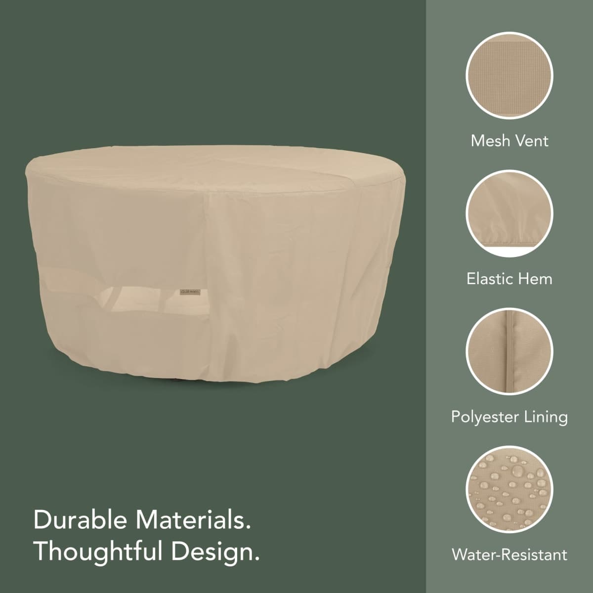 Covermates Classic Round Dining Table Cover – All-Weather Outdoor Table Protection, Water-Resistant Vinyl, Elastic Hem, Mesh Vents, Patio Furniture Cover (Tan, 72"Diameter x 30"H) thumbnail 3