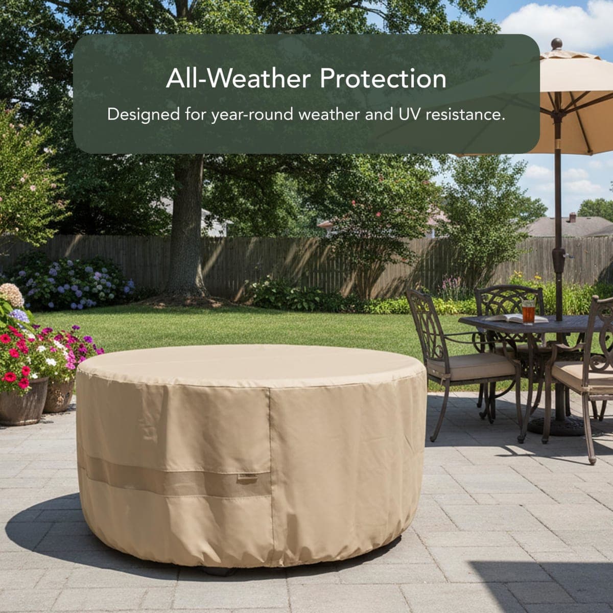 Covermates Classic Round Dining Table Cover – All-Weather Outdoor Table Protection, Water-Resistant Vinyl, Elastic Hem, Mesh Vents, Patio Furniture Cover (Tan, 72"Diameter x 30"H) thumbnail 4