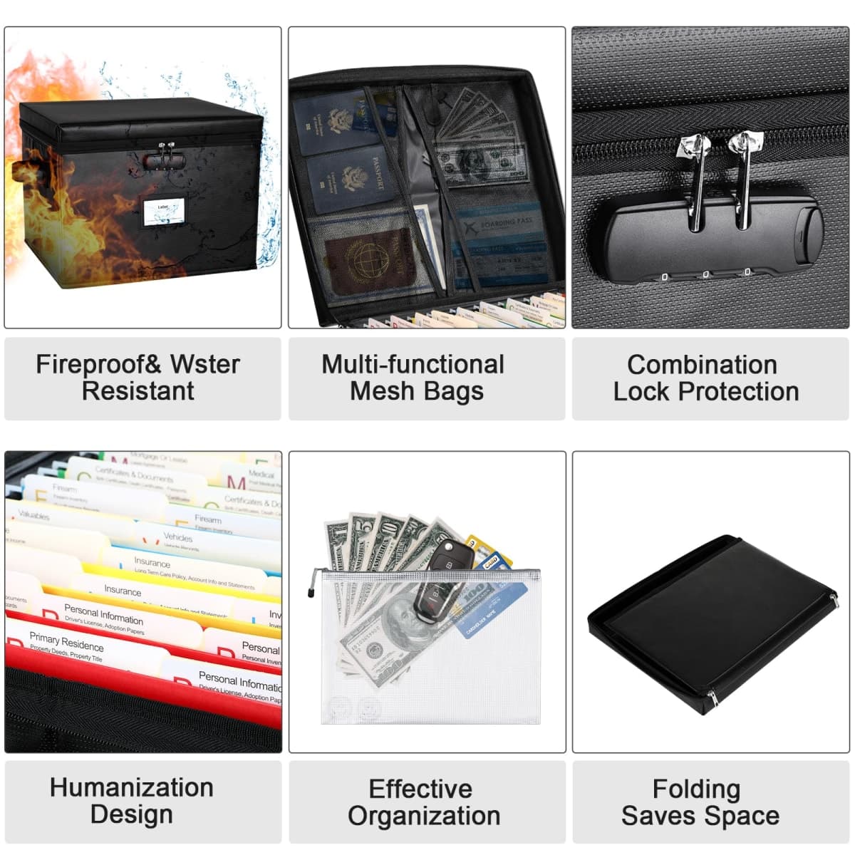File Box Fireproof Document Box with Lock, Document Safe File Storage Organizer Boxes for Next of Kin Estate Planing Organizer End of Life Planner (Box With Accessories, Black) thumbnail 3