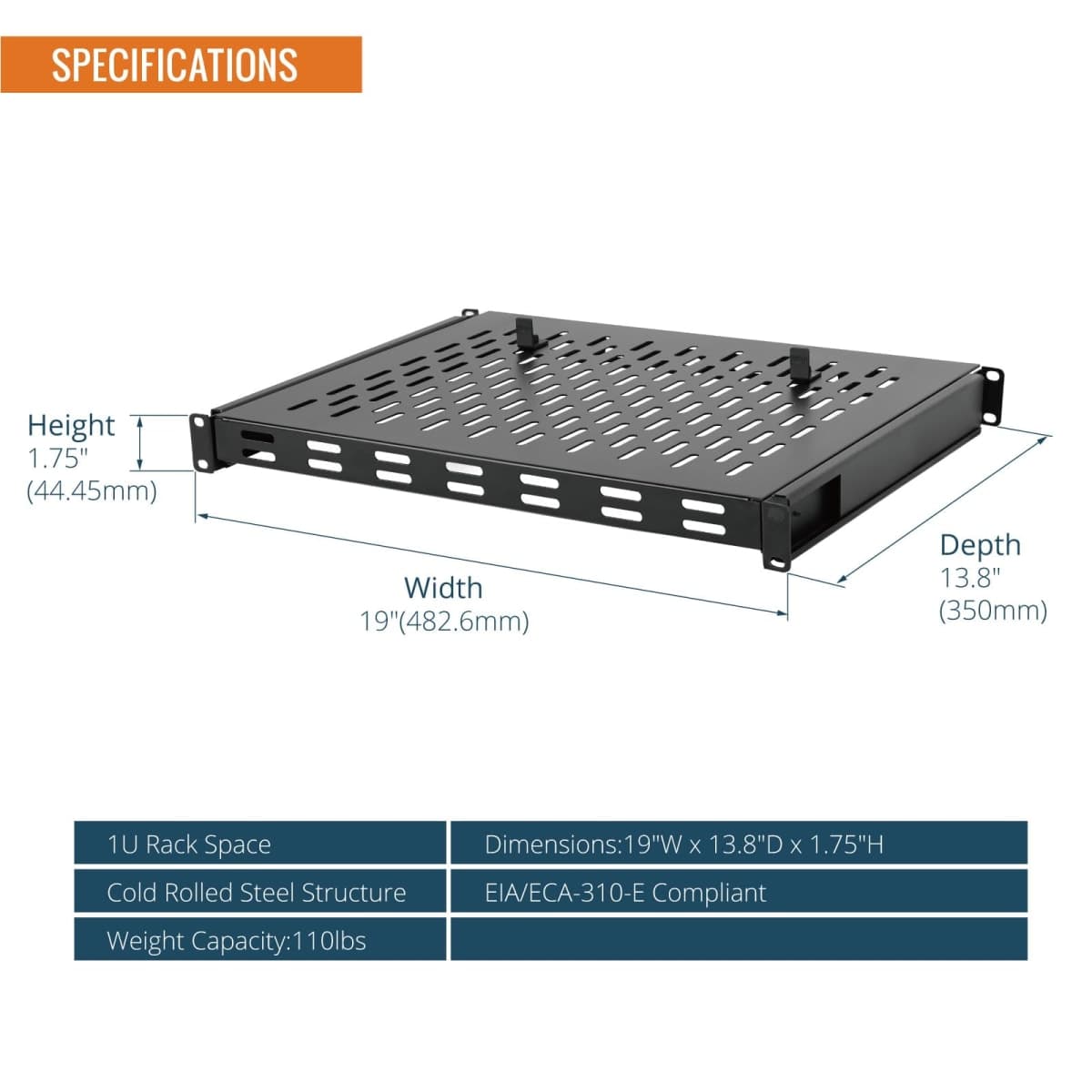 Tecmojo 1U Sliding Rack Shelf,4-Post Vented Rack Mount Shelf,13.8in Deep with Adjustable Mounting Depth 13.8-19.7in,Supports to 110lbs,for 19 Inch AV/Network Equipment Rack,Unassembled,Black thumbnail 2