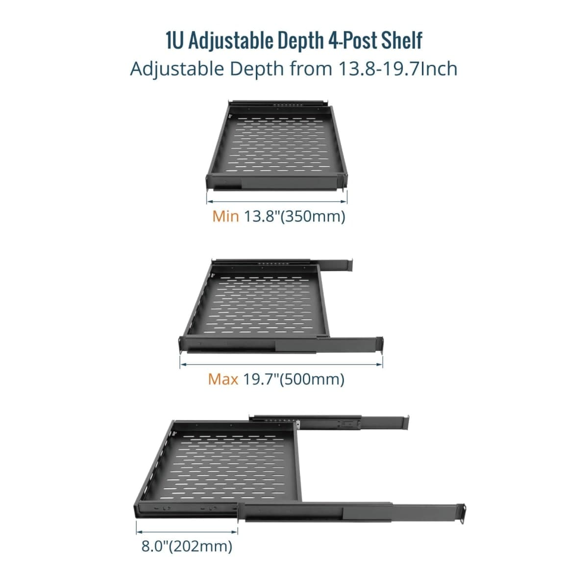 Tecmojo 1U Sliding Rack Shelf,4-Post Vented Rack Mount Shelf,13.8in Deep with Adjustable Mounting Depth 13.8-19.7in,Supports to 110lbs,for 19 Inch AV/Network Equipment Rack,Unassembled,Black thumbnail 3