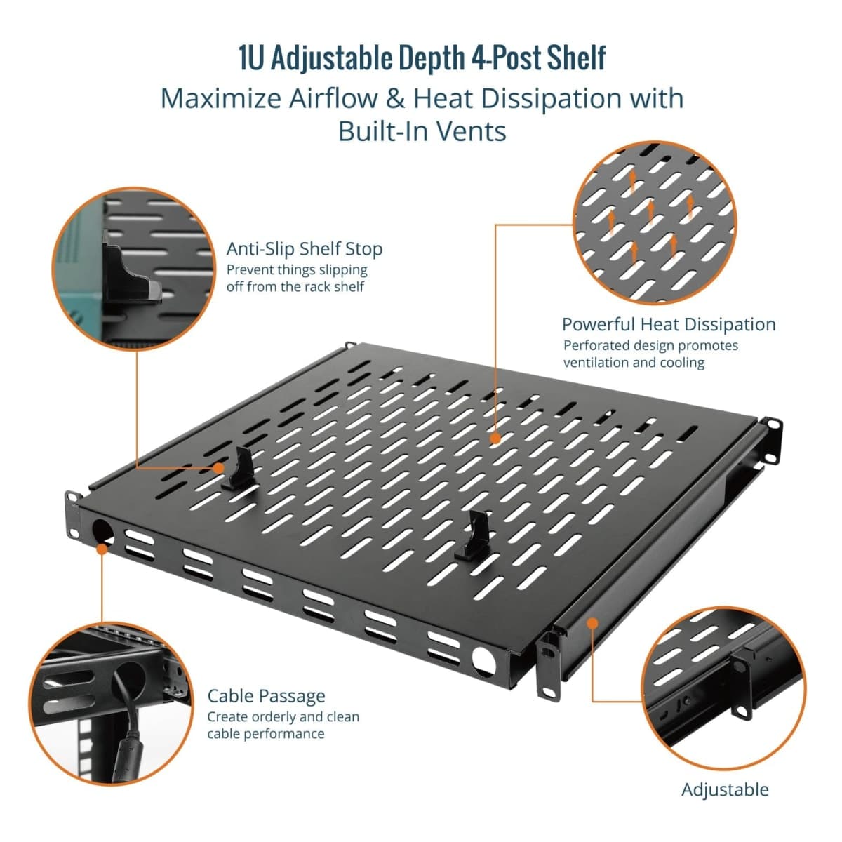 Tecmojo 1U Sliding Rack Shelf,4-Post Vented Rack Mount Shelf,13.8in Deep with Adjustable Mounting Depth 13.8-19.7in,Supports to 110lbs,for 19 Inch AV/Network Equipment Rack,Unassembled,Black thumbnail 5