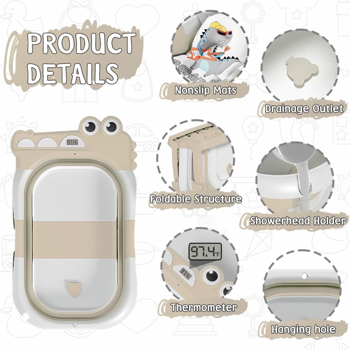 MoreFeel Collapsible Baby Bathtub for Newborn with Thermometer & 1 Hooded Towel & 1 Soft Floating Cushion,Portable Travel Bathtub with Drain Hole, Durable Foldable Baby Tubs for Infants to Toddler thumbnail 2