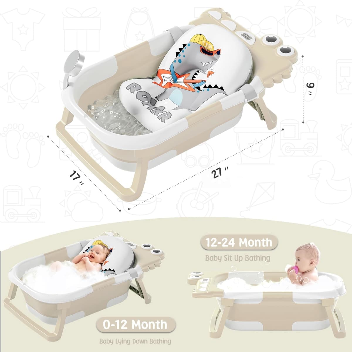 MoreFeel Collapsible Baby Bathtub for Newborn with Thermometer & 1 Hooded Towel & 1 Soft Floating Cushion,Portable Travel Bathtub with Drain Hole, Durable Foldable Baby Tubs for Infants to Toddler thumbnail 4
