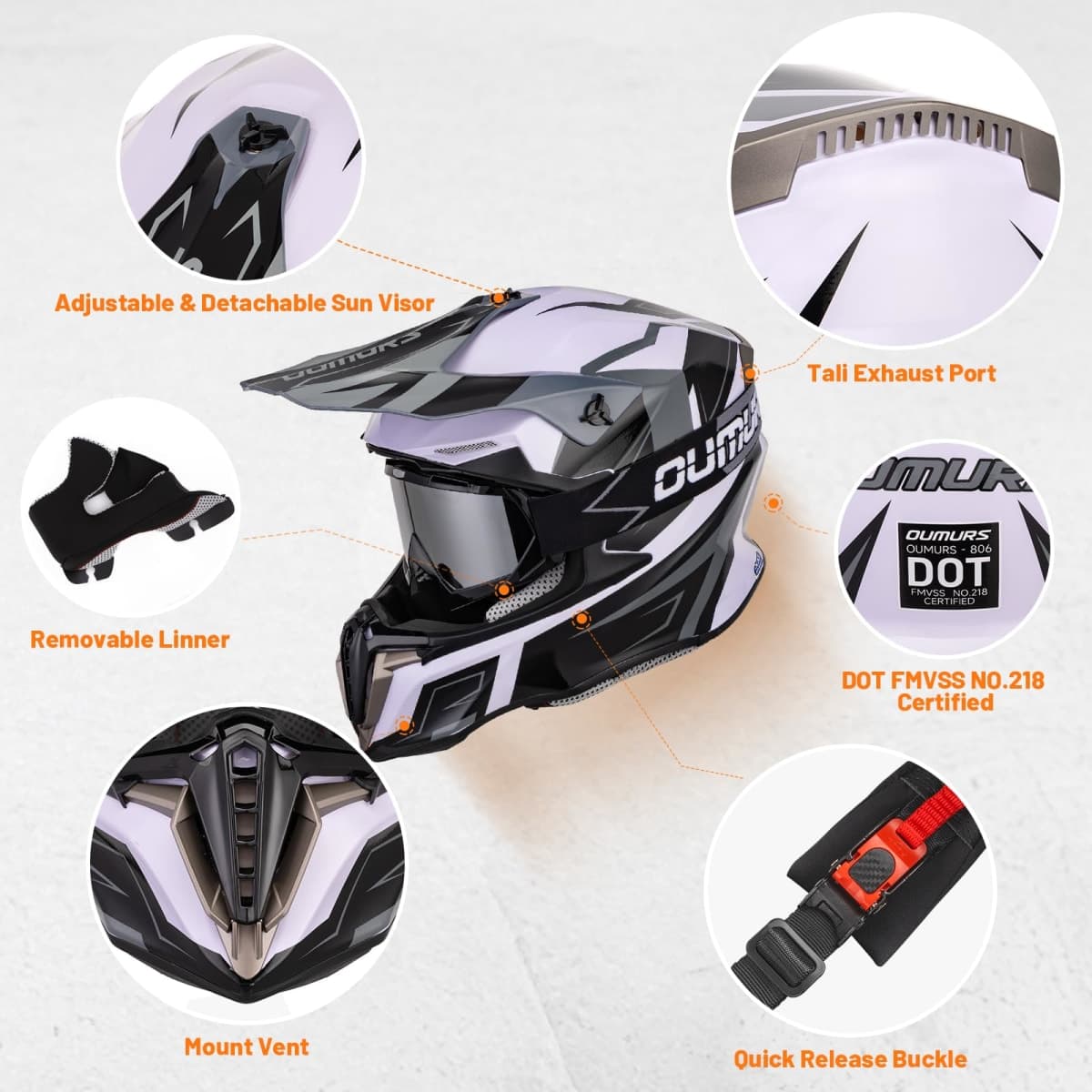 OUMURS Adult ATV Dirt Bike Helmet with Gloves & Mask Adjustable Sun Visor Motorcycle Adult Helmet Off-Road Motocross Downhill Moped MX for Unisex-Adult - White-Gray, M thumbnail 4