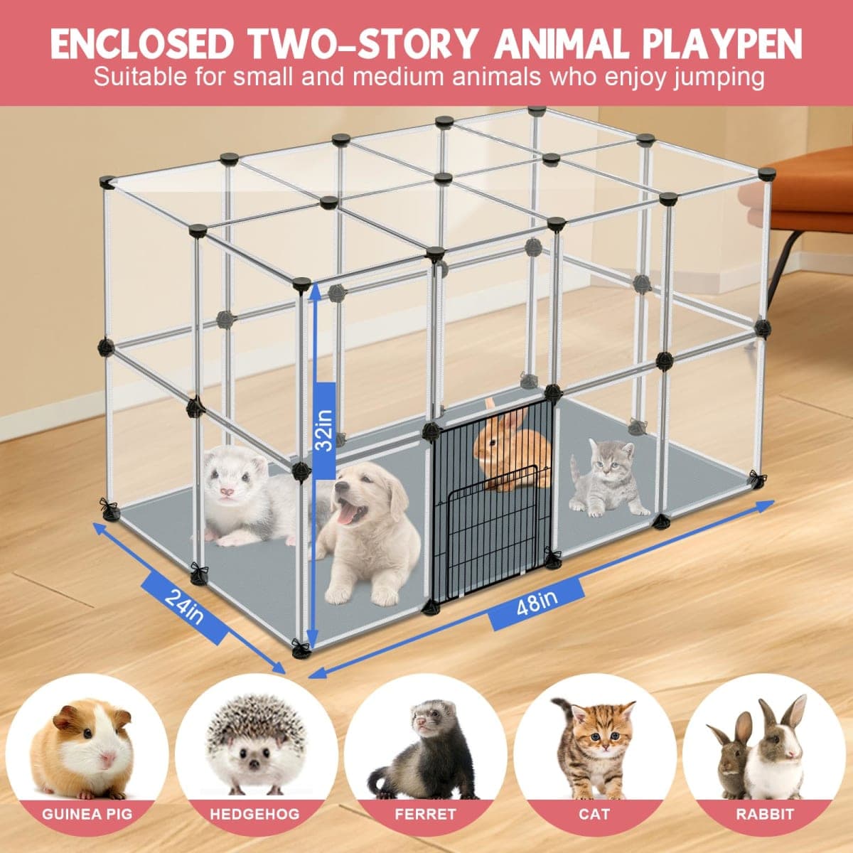 32 Panels Small Animals Playpen,Transparent Pet Playpen with Waterproof Mat, Plastic Enclosure,Puppy Play Pen,Pet Fence Yard Fence for Guinea Pigs,Bunny,Ferrets,Hamsters,Hedgehogs for Indoors Outdoor thumbnail 3