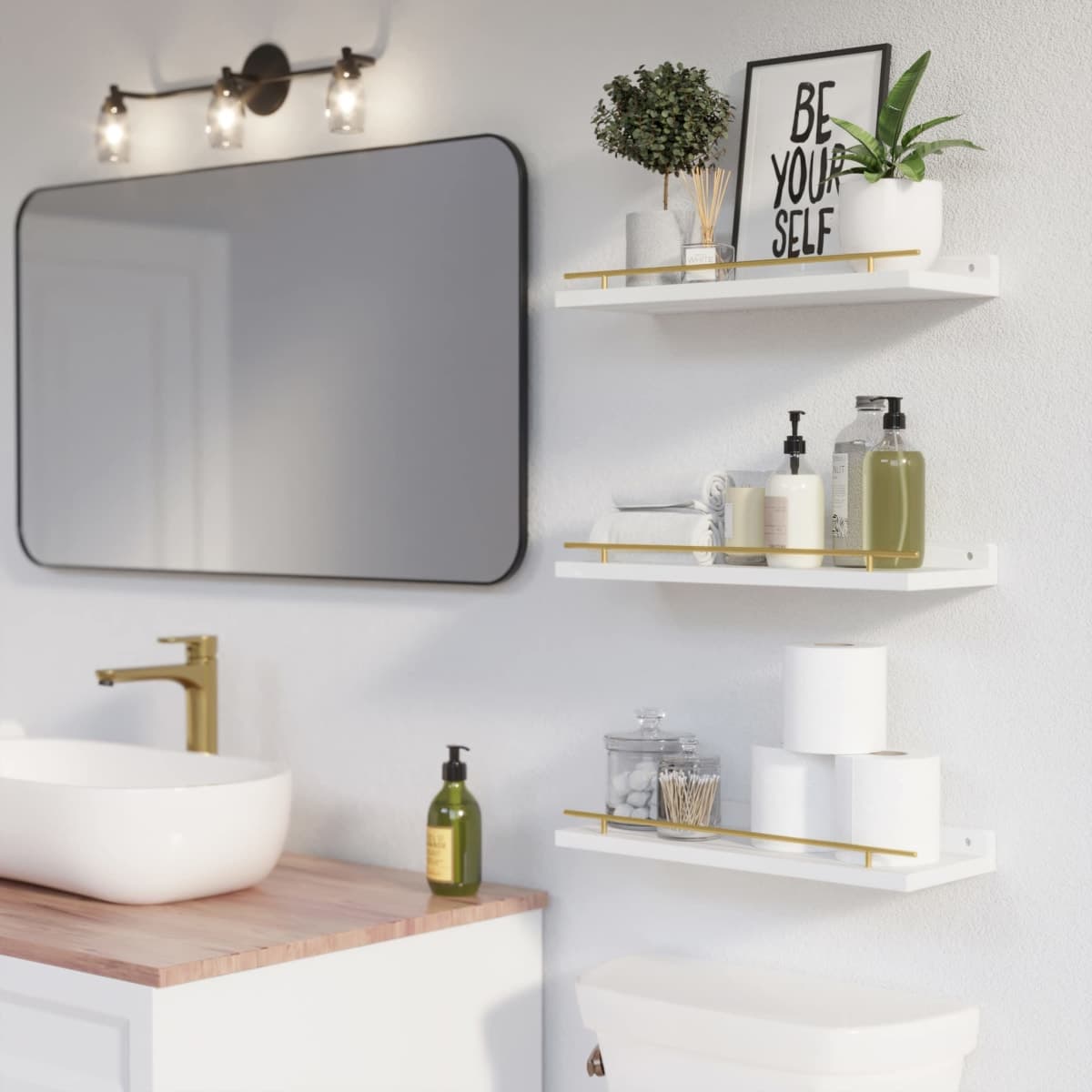 WOPITUES Floating Shelves with Gold Metal Guardrail, Shelves for Wall Decor Set of 3, Wall Shelves for Bedroom, Bathroom, Kitchen, Living Room, Plants, Picture Frames, Art- White and Gold thumbnail 2