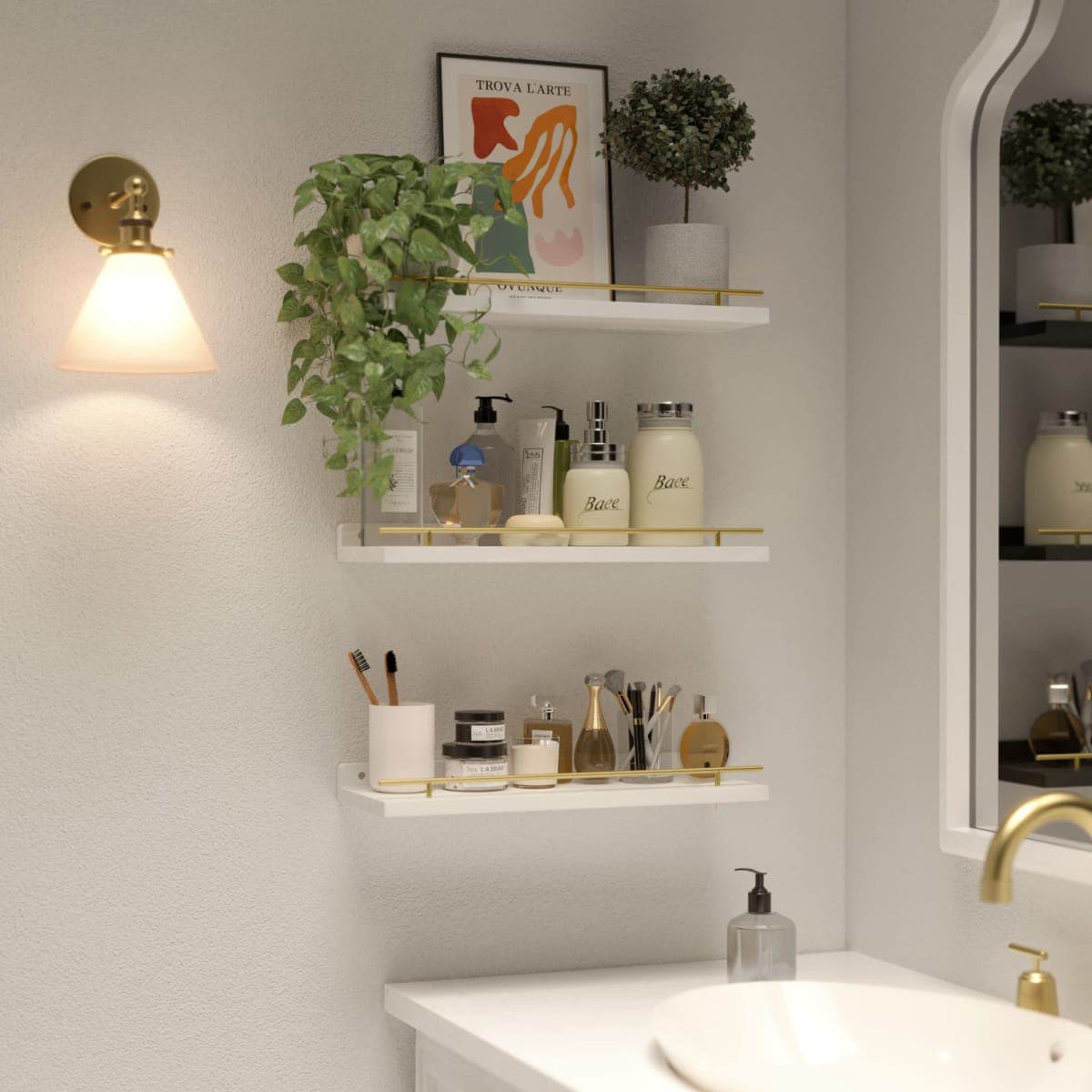 WOPITUES Floating Shelves with Gold Metal Guardrail, Shelves for Wall Decor Set of 3, Wall Shelves for Bedroom, Bathroom, Kitchen, Living Room, Plants, Picture Frames, Art- White and Gold thumbnail 5