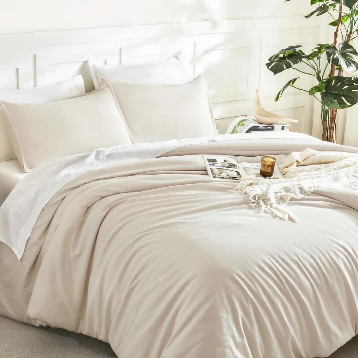 Litanika Beige King Comforter Set, 3 Pieces Lightweight Solid Bed Set thumbnail 5