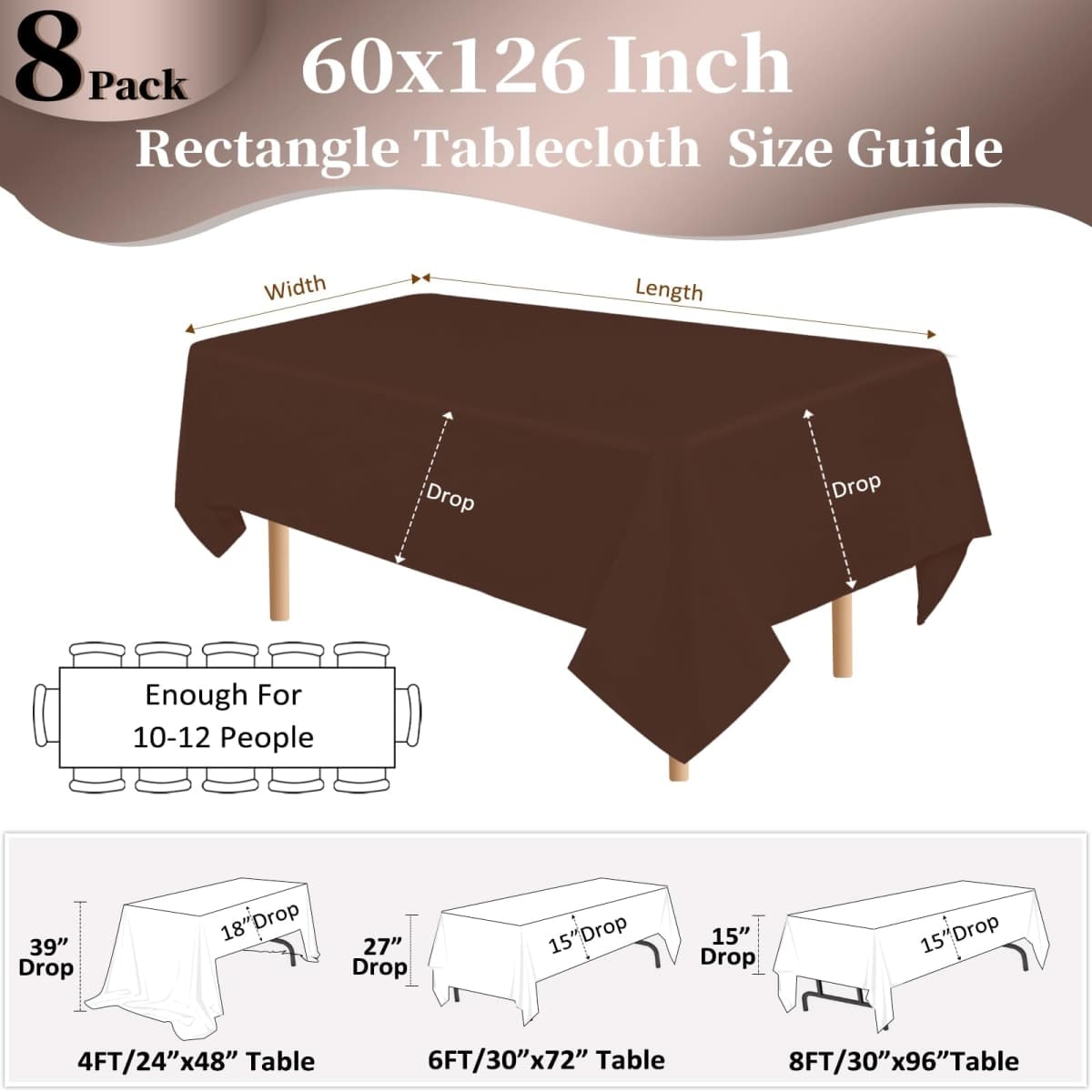 pepmily 8 Pack 60 x 126 Inch Brown Tablecloth for 8 Foot Rectangle Tables thumbnail 2