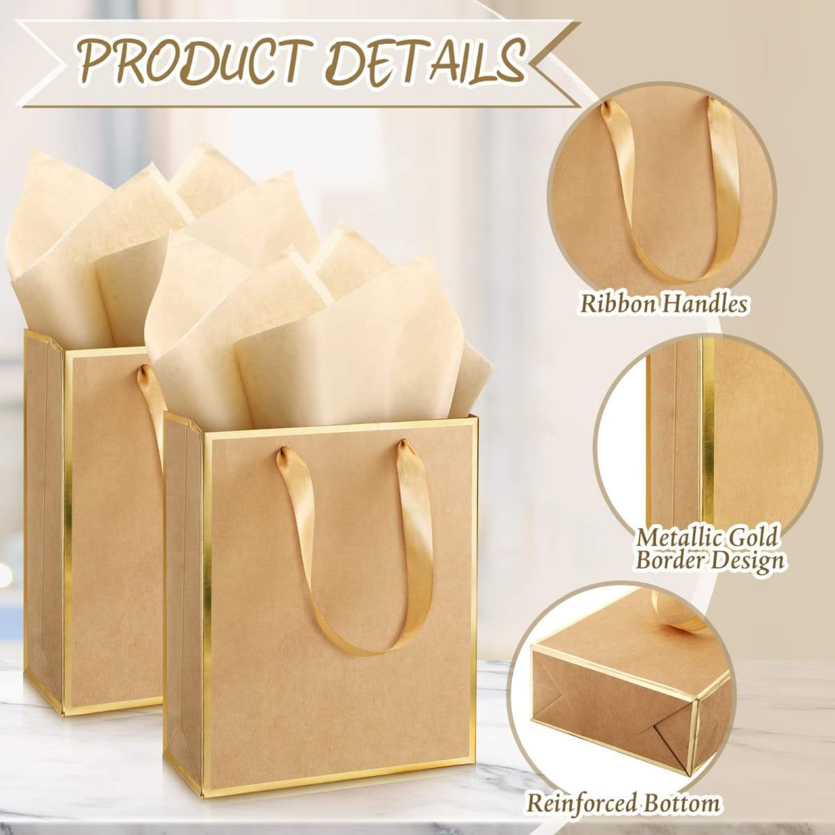 Yeaqee 100 Pcs Metallic Paepr Gift Bags Bulk with Handles,Kraft thumbnail 3