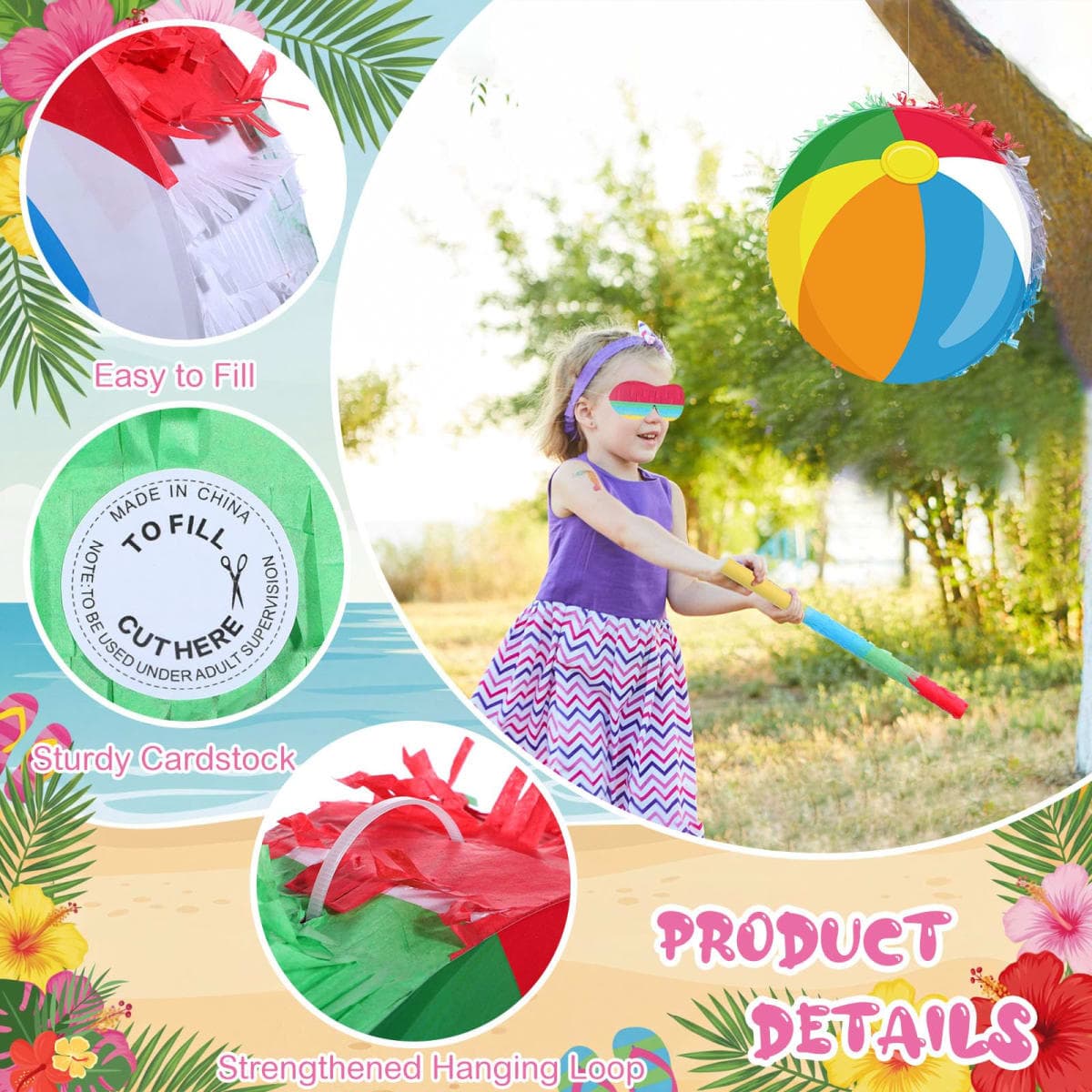 Blosssound Beach Ball Pinata with Stick Blindfold, Kids Party Supplies thumbnail 4
