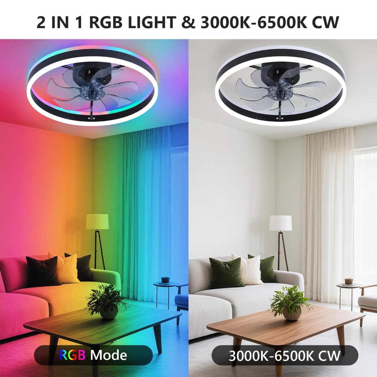 SAMPHON RGB Ceiling Fans with Lights, 19.7" Smart Low Profile Ceiling Fan, Modern Flush Mount Fandelier Light with Remote/APP Control, Dimmable Led Ceiling Fan Light for Living Room, Bedroom, Indoor thumbnail 2