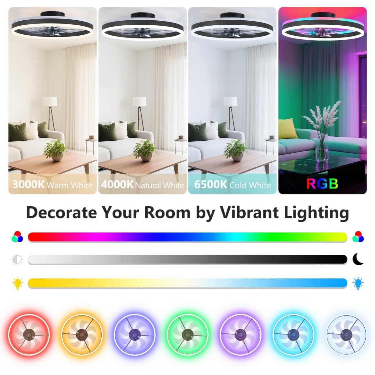 SAMPHON RGB Ceiling Fans with Lights, 19.7" Smart Low Profile Ceiling Fan, Modern Flush Mount Fandelier Light with Remote/APP Control, Dimmable Led Ceiling Fan Light for Living Room, Bedroom, Indoor thumbnail 3