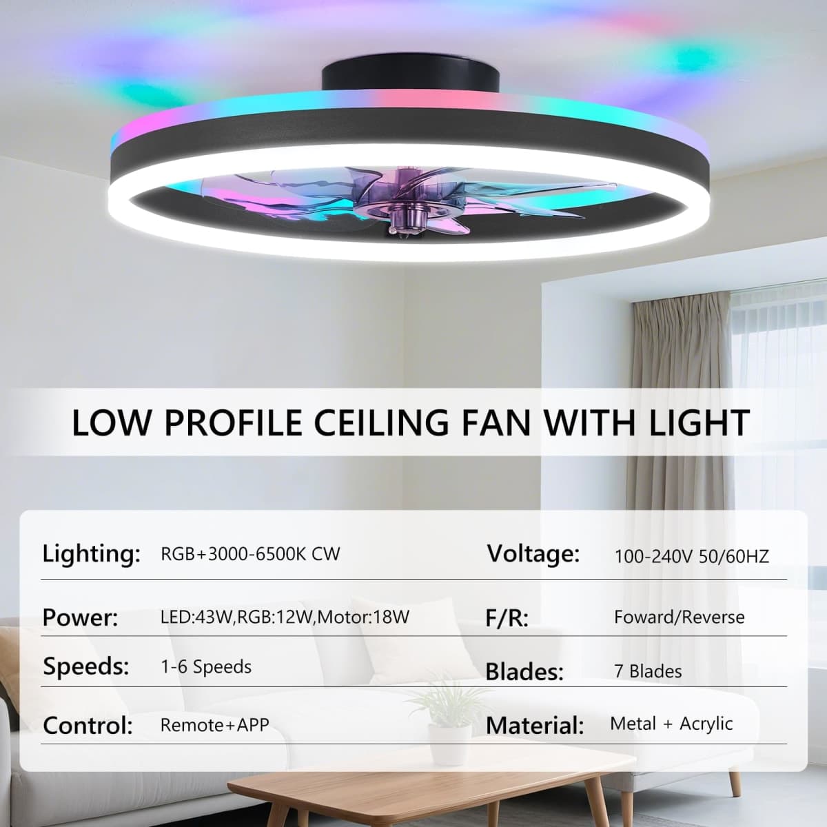 SAMPHON RGB Ceiling Fans with Lights, 19.7" Smart Low Profile Ceiling Fan, Modern Flush Mount Fandelier Light with Remote/APP Control, Dimmable Led Ceiling Fan Light for Living Room, Bedroom, Indoor thumbnail 5