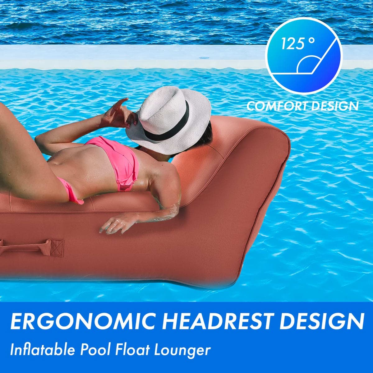 Upholstered Stylish Pool Float Lounger Recliner, Large Floating Chair & Backrest, Heavy Duty Lake, Beach, Adults & Kids - Comfortable Tube, Durable Water Floaty Tanning Lounge - Terracotta thumbnail 3