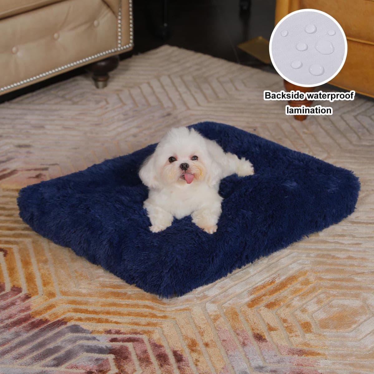 Bedfolks Waterproof Dog Crate Bed,Plush Dog Crate Pad with Removable Cover,Faux Fur Dog Bed for Small Dogs and Cats,Fluffy Washable Dog Kennel Bed 21"x13",Dark Blue thumbnail 2