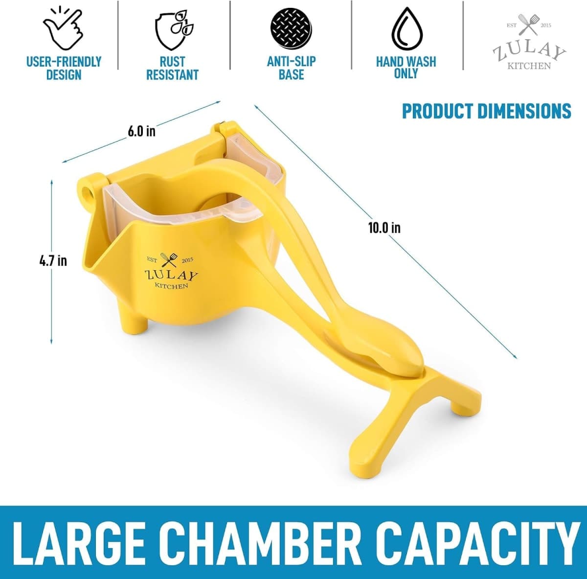 Zulay Fruit Manual Juicer- Heavy Duty Juice Press Squeezer with Detachable Lever & Removable Strainer - Fruit Press & Hand Juicer For Pomegranates, Lemons, Oranges, and More (Yellow) thumbnail 2
