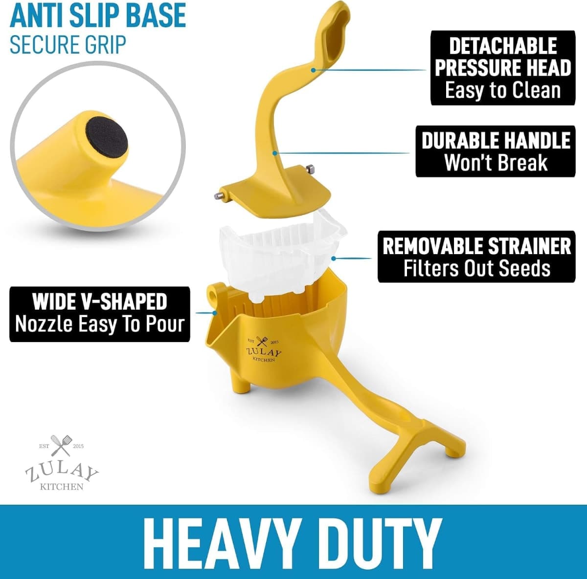 Zulay Fruit Manual Juicer- Heavy Duty Juice Press Squeezer with Detachable Lever & Removable Strainer - Fruit Press & Hand Juicer For Pomegranates, Lemons, Oranges, and More (Yellow) thumbnail 3