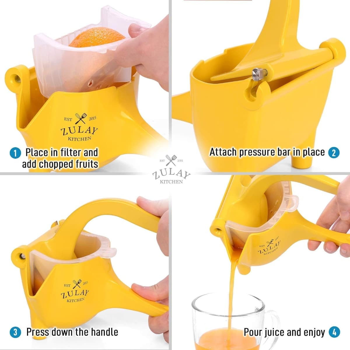 Zulay Fruit Manual Juicer- Heavy Duty Juice Press Squeezer with Detachable Lever & Removable Strainer - Fruit Press & Hand Juicer For Pomegranates, Lemons, Oranges, and More (Yellow) thumbnail 5