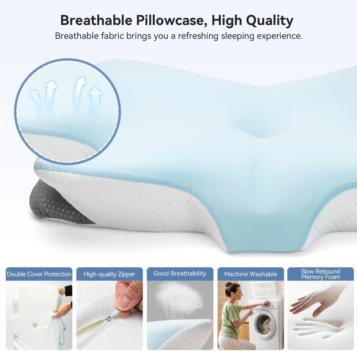 Zmarthumb Cervical Pillow for Neck Support, Memory Foam Ergonomic Contour Side Sleeper Pillows with Adjustable Height, Soft Bed Pillow with Cooling Breathable Pillowcase for Back, Stomach Sleepers thumbnail 5