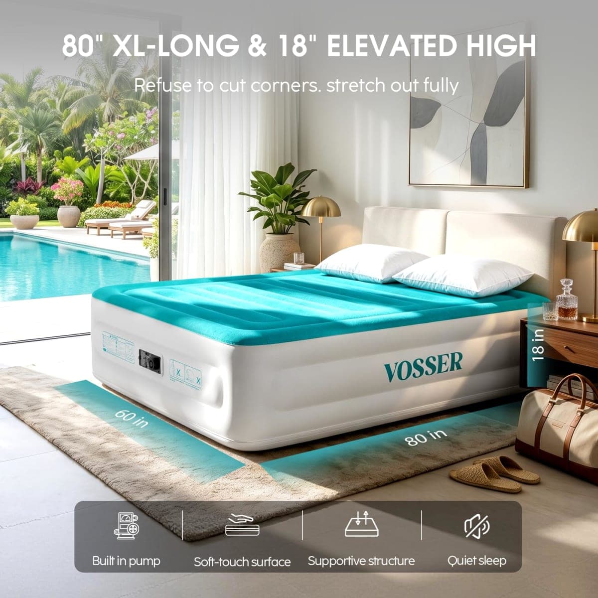 VOSSER Queen Air Mattress with Built in Pump,18'' Raised Blow Up Mattress, I-Beam Inflatable Mattress with Storage Bag, Upgraded Flocked Top Air Bed for Home, Camping & Guests，Colchone Inflable thumbnail 2