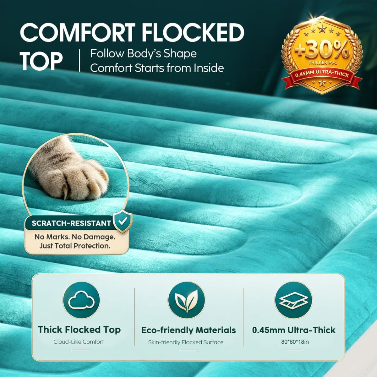 VOSSER Queen Air Mattress with Built in Pump,18'' Raised Blow Up Mattress, I-Beam Inflatable Mattress with Storage Bag, Upgraded Flocked Top Air Bed for Home, Camping & Guests，Colchone Inflable thumbnail 5