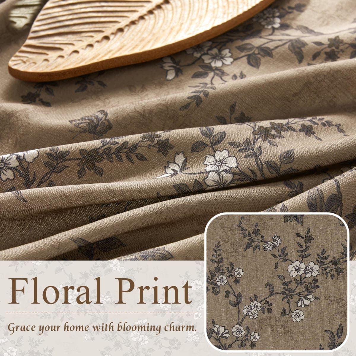 StangH Floral Linen Curtains 84 Inches Long French Country Light Filtering Printed Drapes Vintage Fall Decor for Living Room/Bedroom/Dining Room，52Wx84L，Khaki,2 Panels thumbnail 2
