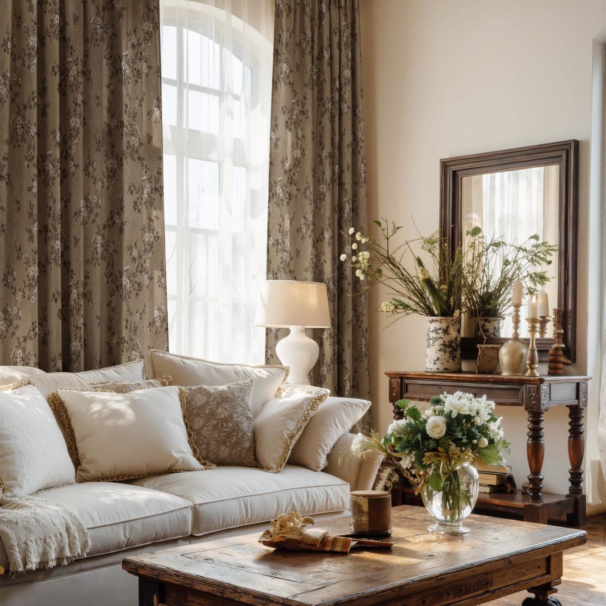 StangH Floral Linen Curtains 84 Inches Long French Country Light Filtering Printed Drapes Vintage Fall Decor for Living Room/Bedroom/Dining Room，52Wx84L，Khaki,2 Panels thumbnail 3