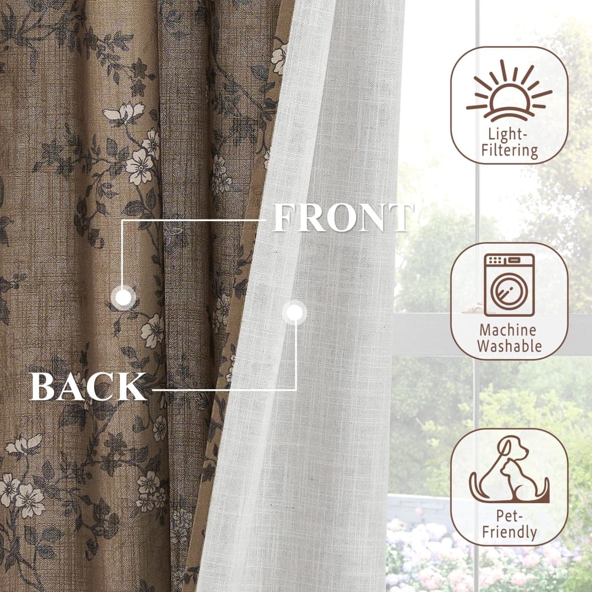 StangH Floral Linen Curtains 84 Inches Long French Country Light Filtering Printed Drapes Vintage Fall Decor for Living Room/Bedroom/Dining Room，52Wx84L，Khaki,2 Panels thumbnail 5