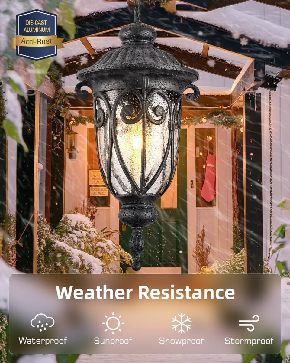 VIANIS Extra Large Outdoor Pendant Lights for Porch, 11.3 in Outdoor Hanging Light, Waterproof Black Hanging Porch Light, Anti-Rust Outdoor Pendant Light for House, Doorway, Vintage Style thumbnail 2