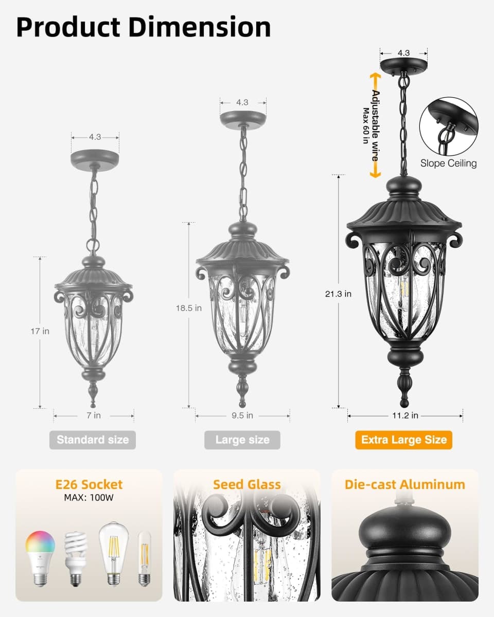 VIANIS Extra Large Outdoor Pendant Lights for Porch, 11.3 in Outdoor Hanging Light, Waterproof Black Hanging Porch Light, Anti-Rust Outdoor Pendant Light for House, Doorway, Vintage Style thumbnail 5